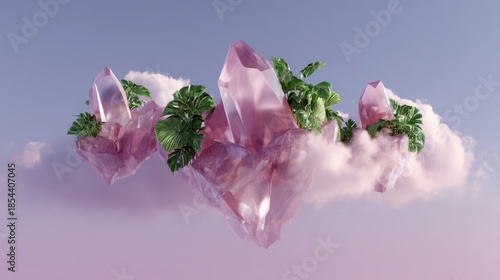 Ethereal Floating Crystals Surrounded by Lush Greenery and Clouds
