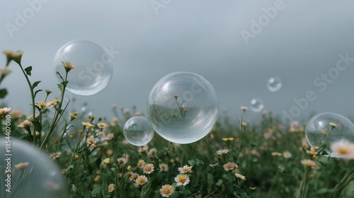 Delicate Bubbles Floating Over a Meadow of Wildflowers in Springtime