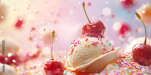 Vanilla Ice Cream Scoop with Cherry and Red Syrup on Pink Background