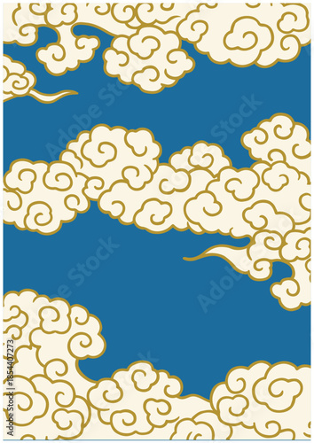 和風 雲文様背景｜青地と金色の吉祥雲 Japanese Cloud Pattern Background