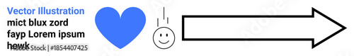 Communication, relationships, direction, positivity, guidance, information design. Blue heart, smiling face black arrow and placeholder text. Relationships and direction concept
