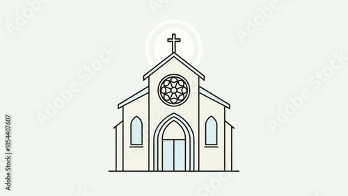 Simple elegant church building with cross and stained glass