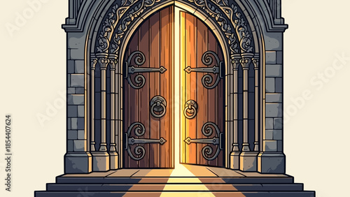 Ornate wooden doors with iron details in stone archway