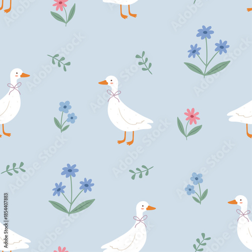 Cozy seamless pattern with ducks and flowers