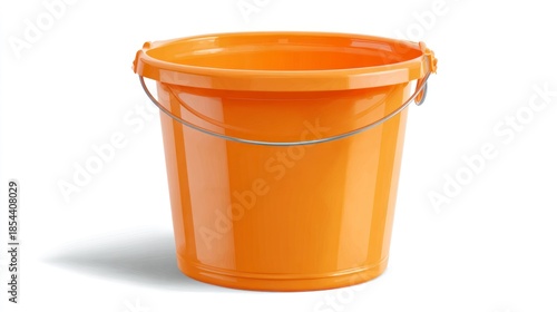 Orange plastic bucket with metal handle isolated on white background