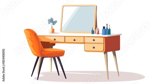 Orange vanity table with mirror and chair isolated on white background