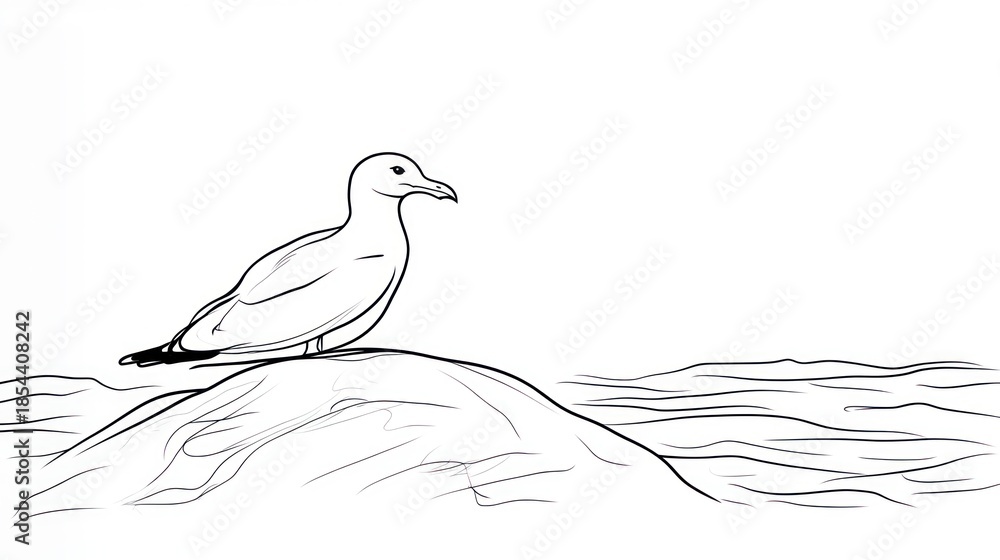 Fototapeta premium Seagull perched on a rock with the ocean vector illustration