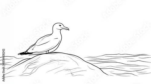 Seagull perched on a rock with the ocean vector illustration