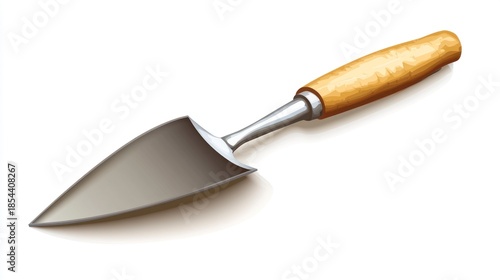 Shiny garden trowel with wooden handle isolated on a white background