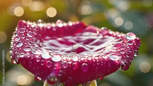 Water droplets fall onto a vibrant red rose petal creating delicate ripples and glistening water