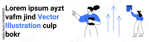 Business analysis, teamwork, data insights, goal achievement, productivity, visual communication. Woman pointing towards text and graphical up arrows. Business analysis and goal achievement