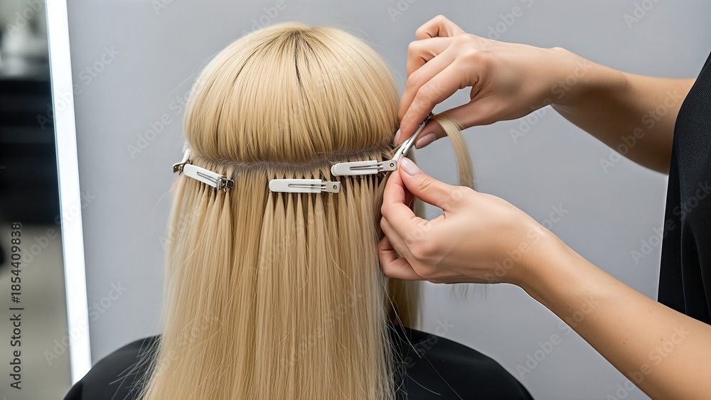 Fototapeta premium Blonde woman receiving hair extension treatment in a modern salon, showcasing professional hairstyling techniques with tools and equipment in the background, emphasizing beauty transformation