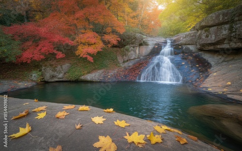 A serene waterfall cascades into a tranquil pool surrounded by vibrant autumn foliage and scattered yellow leaves on a rocky shore in a natural landscape