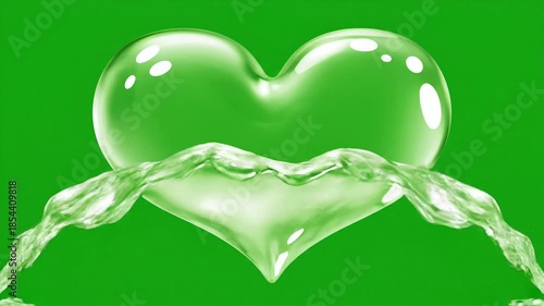 Water forming hearts with splashing liquid on a vibrant green background