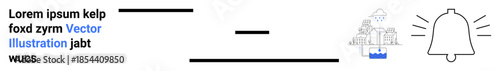 Communication, notifications, technology, data management, digital interfaces, alerts. A bell symbol, abstract lines and a small house with water detail. Communication and notifications concept