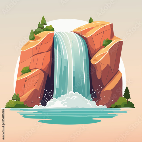 Cartoon illustration of a waterfall cascading down rocky cliffs into a pool of water.
