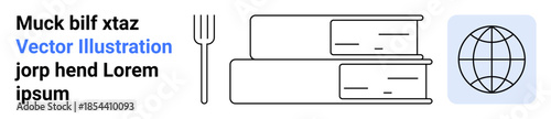 Education, global connectivity, learning tools, academic research, cultural exchange, online resources. Stacked books, fork icon and globe illustration. Education and global connectivity concept