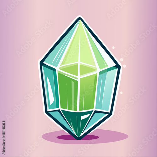 Stylized green crystal with a white outline on a pink background, cartoonish and vibrant.