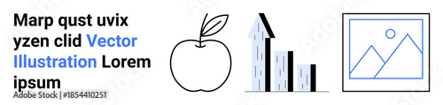 Education, business analytics, data visualization, healthy living, modern design, placeholders. Apple, bar chart and a photo frame layout with text. Education and business analytics concept