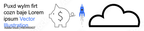 Financial planning, savings growth, innovation, cloud storage, business progress, investment ideas. Piggy bank with dollar sign, rocket and cloud icon. Financial planning and savings growth concept