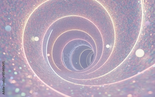 A swirling tunnel of light and color with a purple hue and white specks resembling stars or sparks in a cosmic background