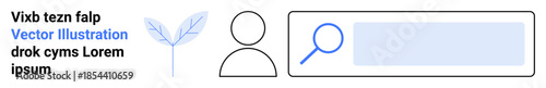 Digital identity, search functionality, user interface, internet, eco-friendly concept, sustainability. Minimalist user profile icon, leaf element and text search bar. Digital identity and search