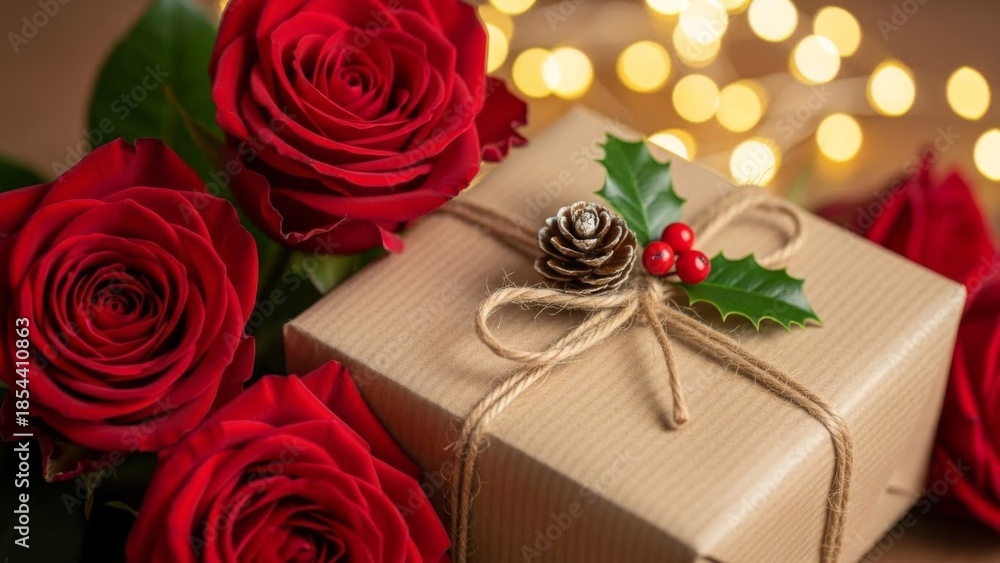 Obraz premium Wrapped gift box with red roses and festive bokeh lights