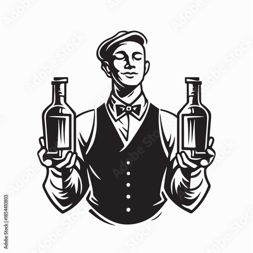 Professional Bartender With Wine Bottles Image Vector