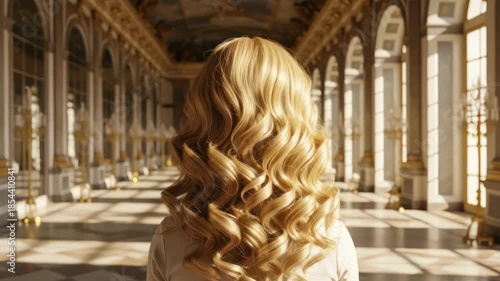 Blonde hair in an elegant corridor, woman standing in palace hall with sunlight shining through