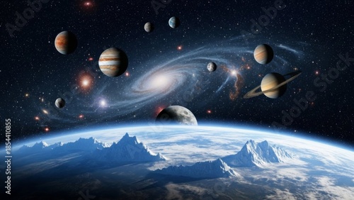 Surreal space scene with planets, earth and galaxy