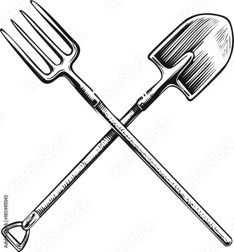 Hand drawn vector engraving illustration of farm tools including a shovel and pitchfork