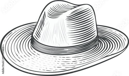 Hand drawn vector engraving illustration of a straw farmer hat, farm clothing object, classis engraving
