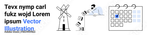 Risk management, decision-making, goal planning, scheduling, teamwork, sustainability. A person arranging risk blocks, a windmill and a calendar with highlighted dates. Risk management