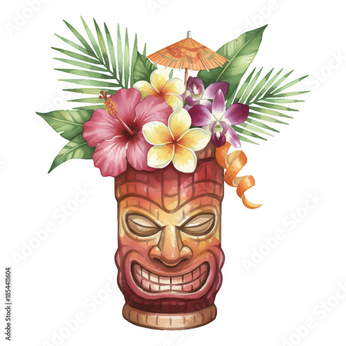 Blood Orange Tiki Cocktail Watercolor Vector Illustration
