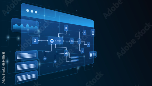 AI workflow automation artificial intelligence. ai agent workflow diagram dashboard machine learning showing user input, cloud and database connections, modular automation steps.