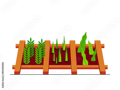 Urban farming with a variety of plants growing in raised beds suitable for both urban and home settings. Urban farming vector illustration. Flat illustration concept.