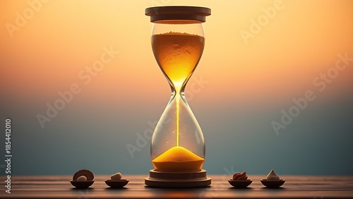 A glowing hourglass with golden sand flowing upwards, surrounded by symbolic objects representing healthy habits against a dawn gradient.