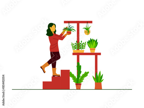 Young woman taking care of her houseplants. Urban farming vector illustration. Flat illustration concept.