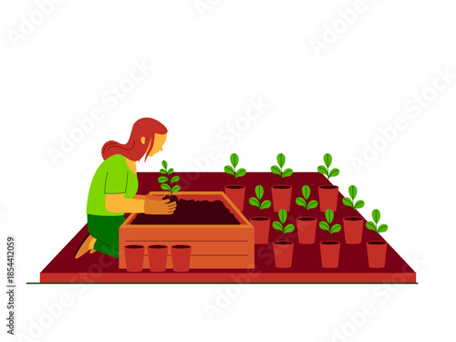 Female farmer engaged in the activity of gardening, specifically planting seedlings in a raised bed. Urban farming vector illustration. Flat illustration concept.