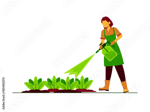 Female farmer spraying plants in a garden using a hand-held sprayer to apply liquid to a row of plants. Urban farming vector illustration. Flat illustration concept.