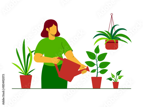 A woman watering indoor plants it includes several different types of potted plants, including one hanging plant. Urban farming vector illustration. Flat illustration concept.