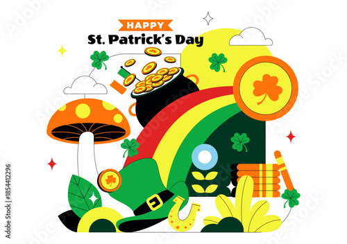 Happy St. Patrick's Day Vector Illustration on March 17 Featuring Golden Coins, Green Hat, Beer, and Shamrocks in Flat Style Cartoon Background