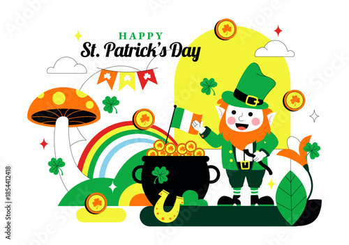 Happy St. Patrick's Day Vector Illustration on March 17 Featuring Golden Coins, Green Hat, Beer, and Shamrocks in Flat Style Cartoon Background