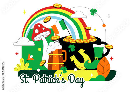 Happy St. Patrick's Day Vector Illustration on March 17 Featuring Golden Coins, Green Hat, Beer, and Shamrocks in Flat Style Cartoon Background