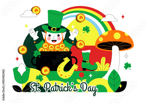 Happy St. Patrick's Day Vector Illustration on March 17 Featuring Golden Coins, Green Hat, Beer, and Shamrocks in Flat Style Cartoon Background
