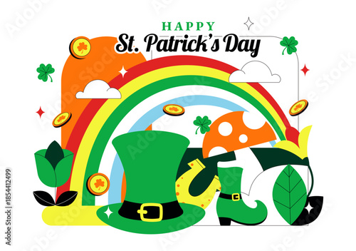 Happy St. Patrick's Day Vector Illustration on March 17 Featuring Golden Coins, Green Hat, Beer, and Shamrocks in Flat Style Cartoon Background