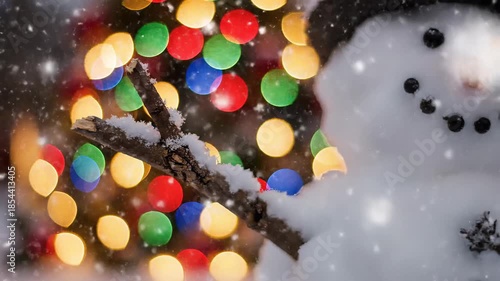 Winter Wonderland Snowman with Festive Bokeh Lights and Falling Snowflakes