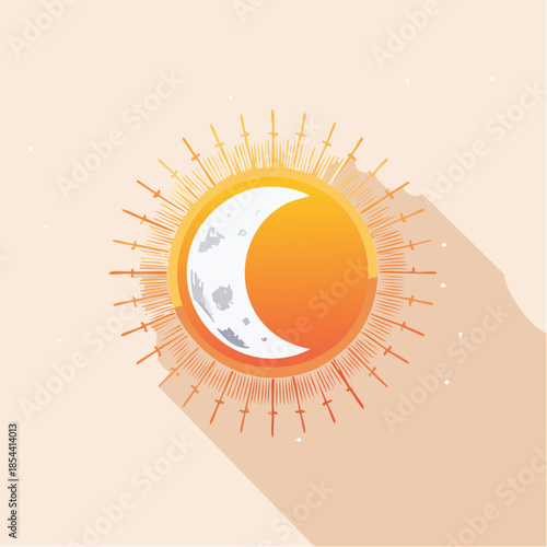 Illustration of a crescent moon inside a sun with rays.