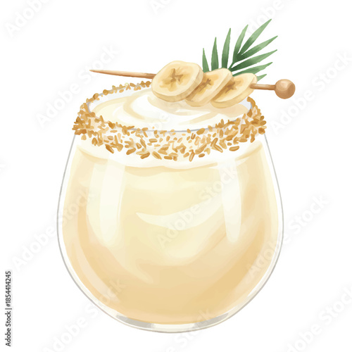 Banana Cabana Cocktail Watercolor Vector Illustration Isolated on White Background
