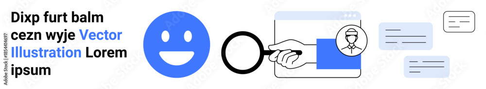 Fototapeta premium Digital communication, analysis tools, user interface, customer interaction, information archiving, and research concepts. happy face, magnifying glass, chat bubbles and hourglass on web interface